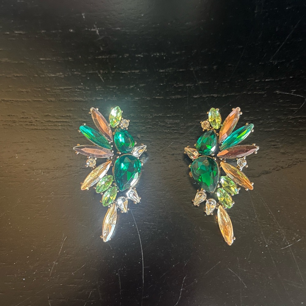 Green and Gold Asymmetrical Rhinestone Earrings